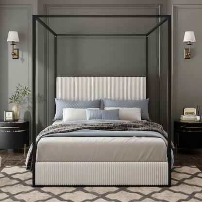 King Size Metal Canopy Bed Frame with Tall Corduroy Upholstered Headboard