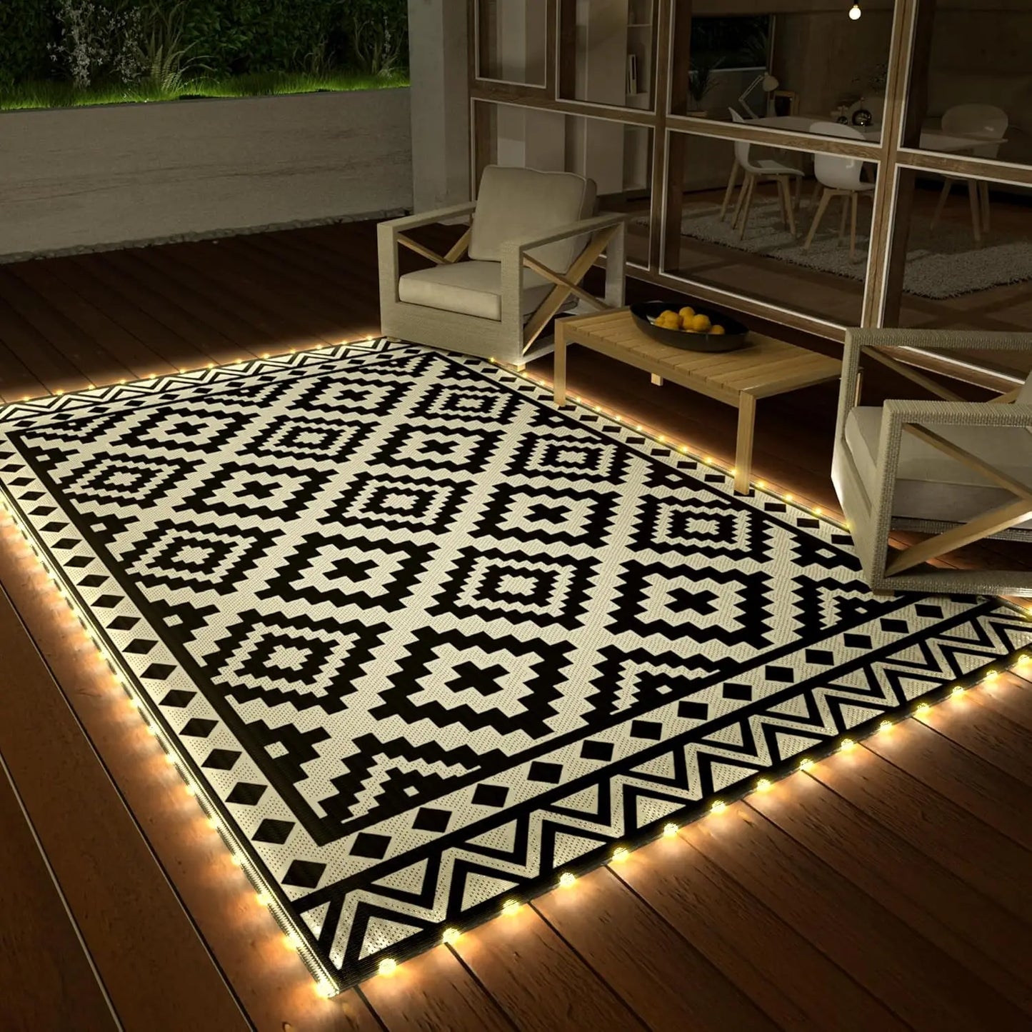 5'X8' Waterproof Reversible Outdoor Rug with LED Lights