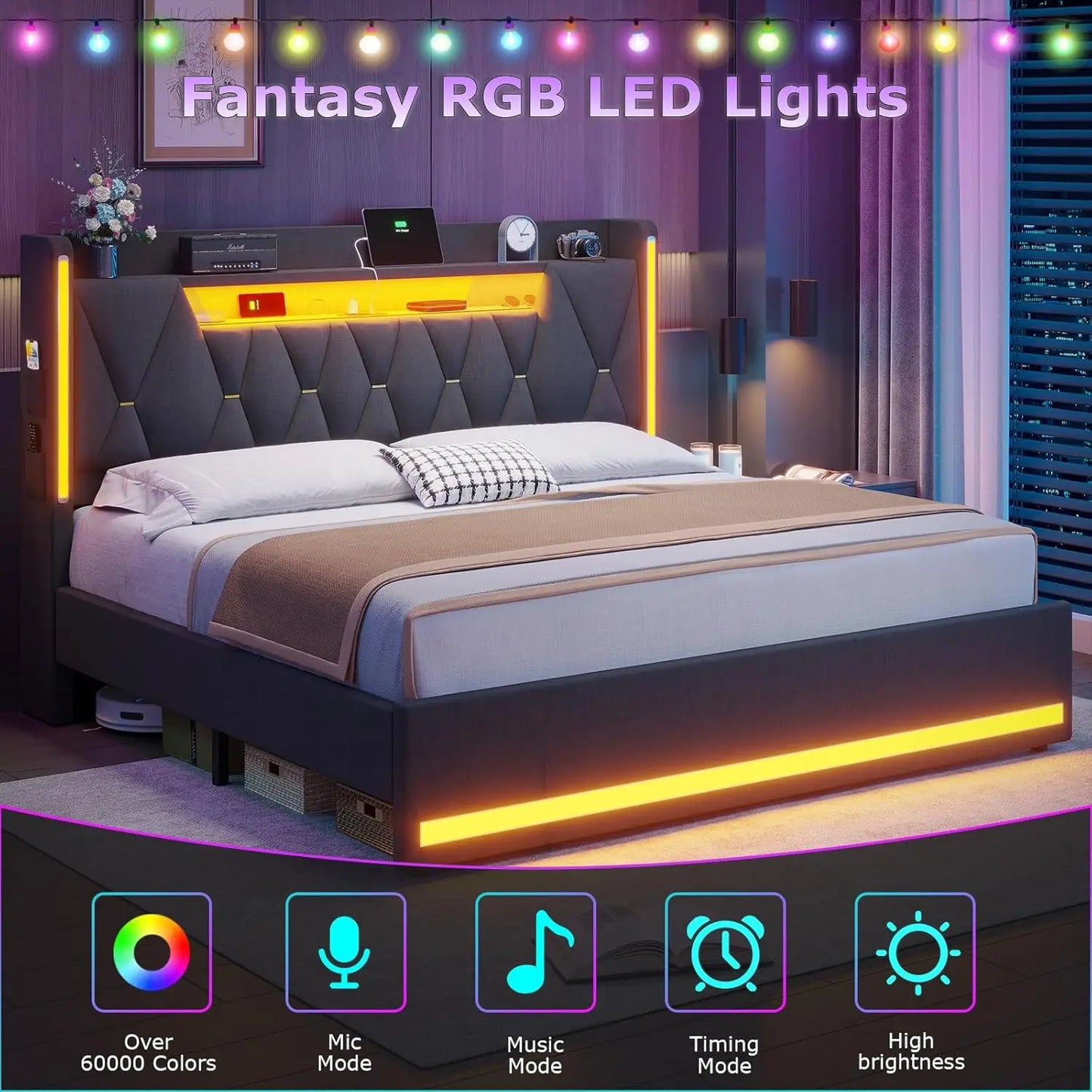 LED King Bed Frame with Charging Station & Storage Headboard