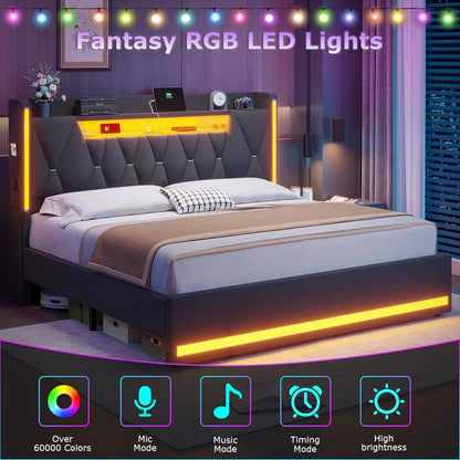 LED King Bed Frame with Charging Station & Storage Headboard