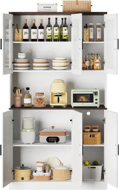 Kitchen Pantry Cabinet with Microwave Shelf, Storage Power Outlet
