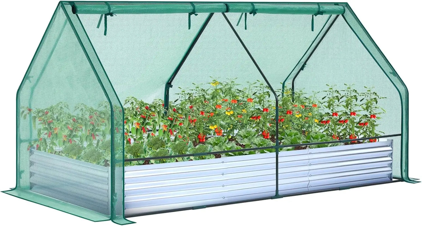8x4ft Galvanized Raised Garden Bed with Greenhouse Cover