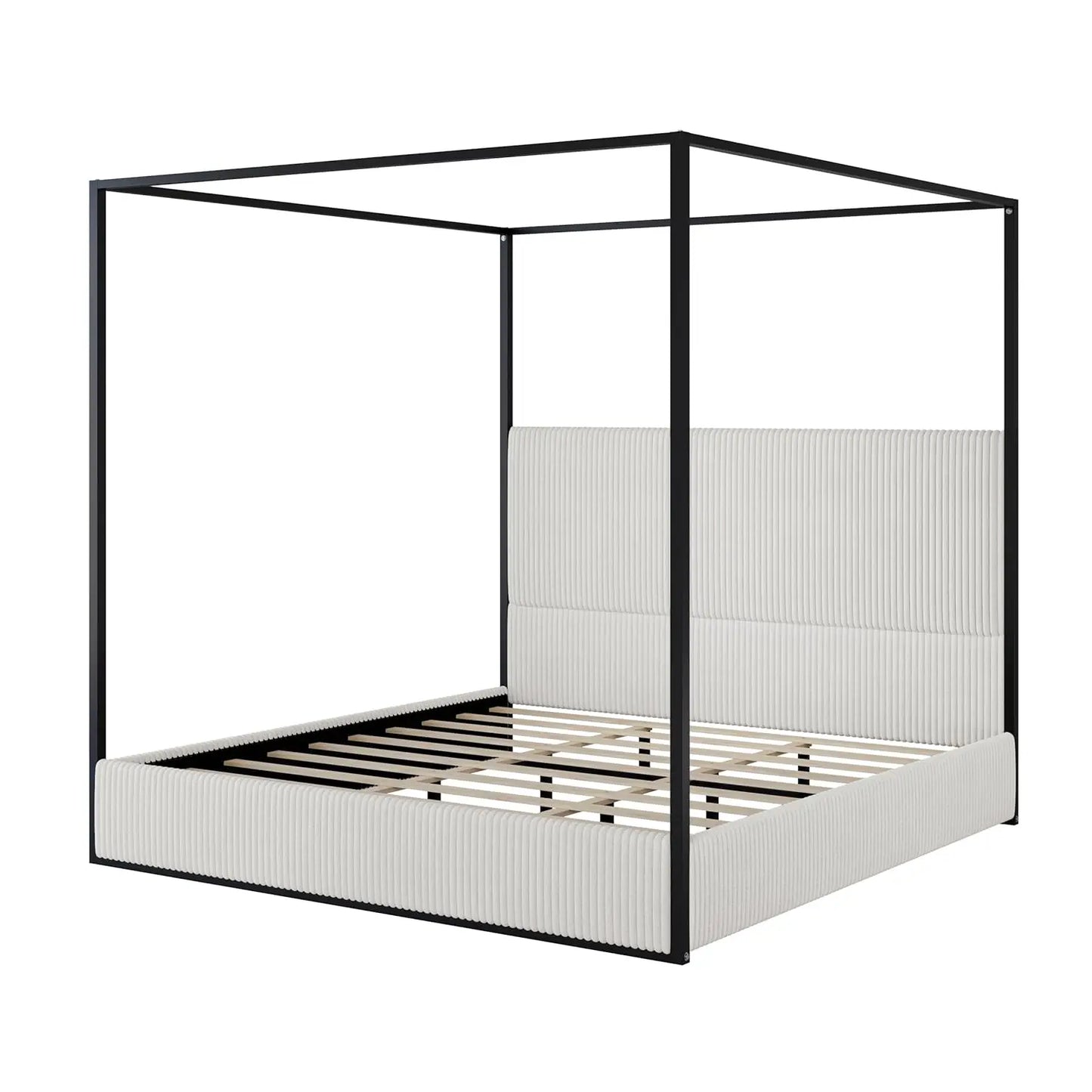 King Size Metal Canopy Bed Frame with Tall Corduroy Upholstered Headboard