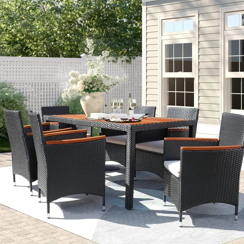 7 Piece Patio Acacia Wood Table and Chairs with Soft Cushions