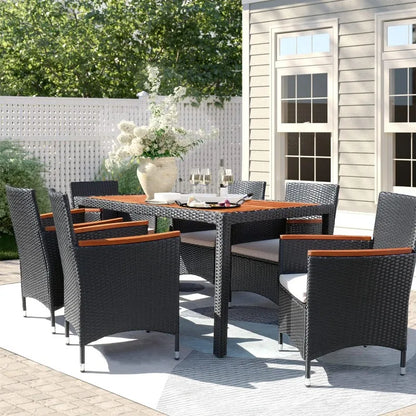 7 Piece Patio Acacia Wood Table and Chairs with Soft Cushions
