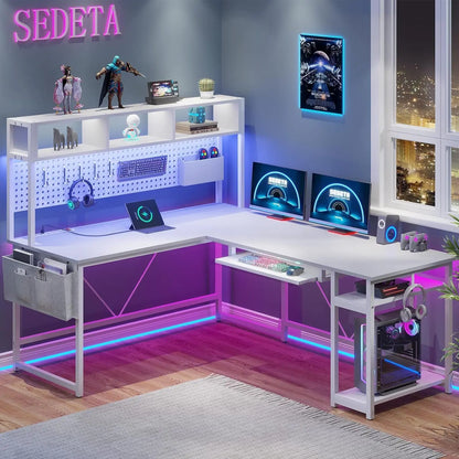 L-Shaped Gaming Desk, Reversible, Pegboard, Led Lights
