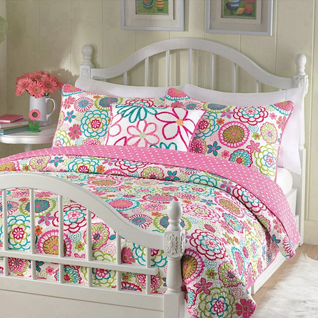 Pink Floral Blossom Polka Dot Reversible Quilt Bedding Set