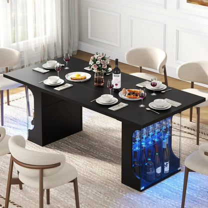 70.8" Modern Dining Table with Glass Storage Cabinet & LED Lights