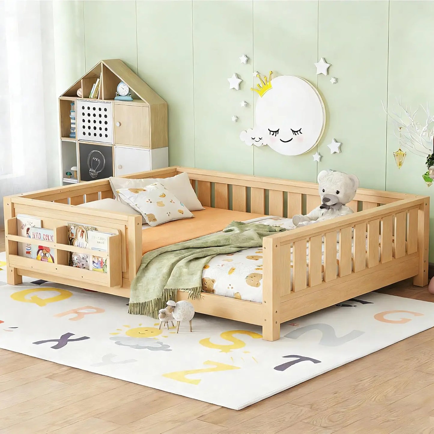 Full Size Kids Montessori Bed Frame with Stairs Bookshelf Drawers