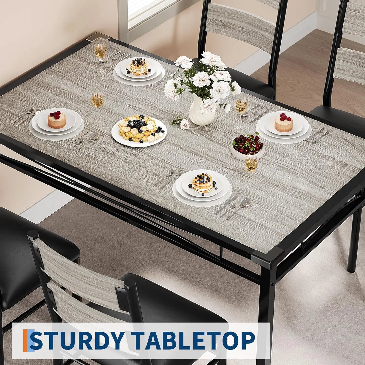 Wood Kitchen Table with Corner Protector, 4 Upholstered Chairs