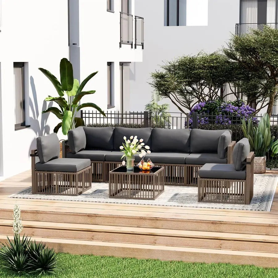 7 Piece Outdoor Sectional Sofa Set with Washable Cushions
