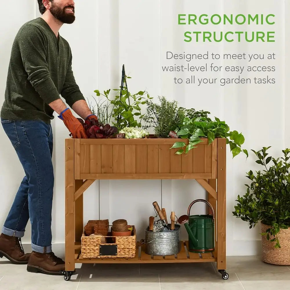 8-Pocket Mobile Herb Garden Bed with Lockable Wheels & Storage Shelf
