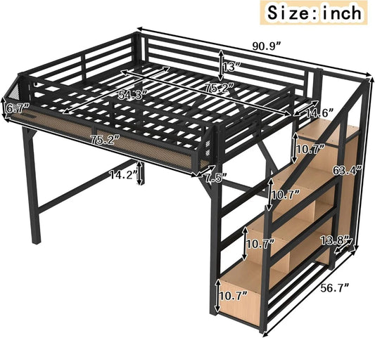 Full Size Loft Bed with Stairs, Wardrobe, LED Lights & Charging Station