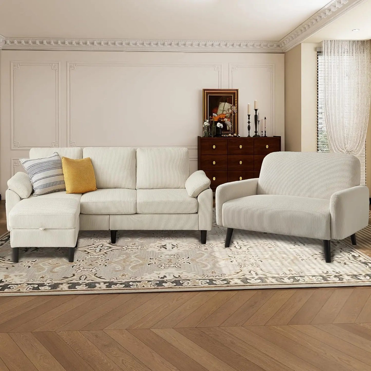 Corduroy Sectional Sofa Set with Storage Ottoman
