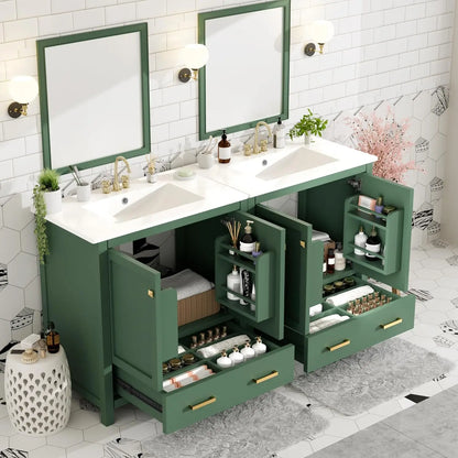 60" Double Sink Bathroom Vanity, Solid Wood Cabinet Storage Drawers