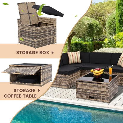 8 Piece Outdoor Wicker Patio Furniture Sectional Set With Glass Top Table