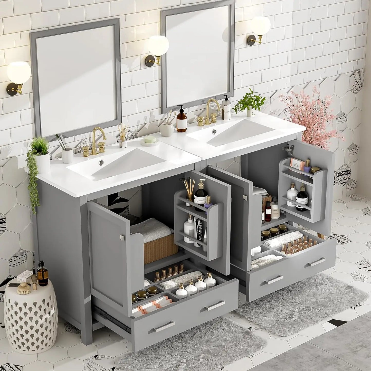 60" Double Sink Bathroom Vanity, Solid Wood Cabinet Storage Drawers