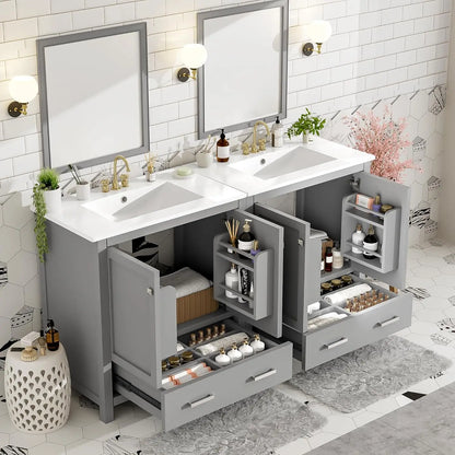 60" Double Sink Bathroom Vanity, Solid Wood Cabinet Storage Drawers