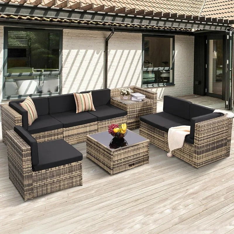 8 Piece Outdoor Wicker Patio Furniture Sectional Set With Glass Top Table