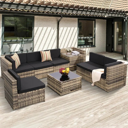 8 Piece Outdoor Wicker Patio Furniture Sectional Set With Glass Top Table