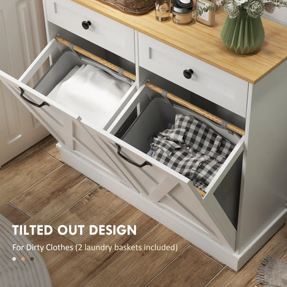 Double Tilt Out Laundry Hamper Cabinet with 2 Removable Baskets and 2 Drawers