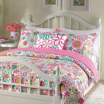 Pink Floral Blossom Polka Dot Reversible Quilt Bedding Set