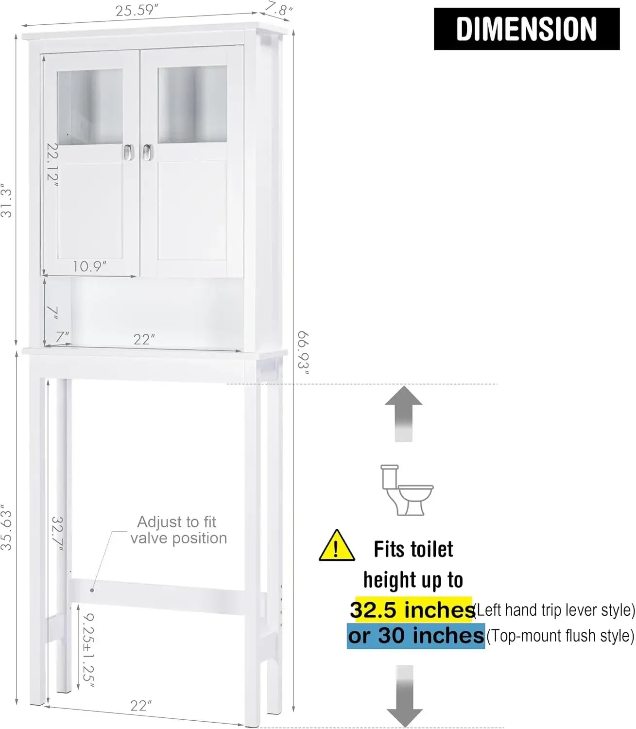 Bathroom Over Toilet storage Cabinet with Glass Doors