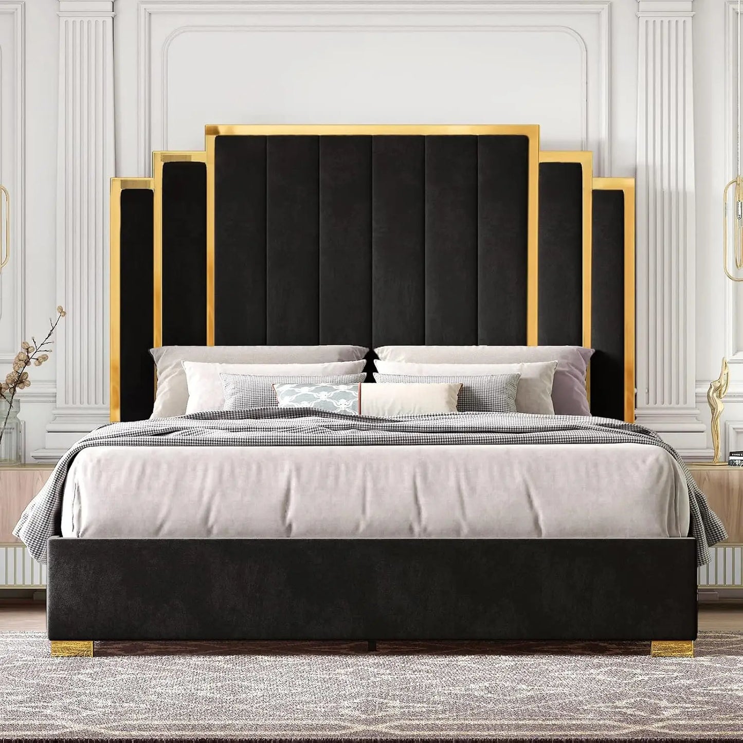 King Upholstered Platform Bedframe with Gold Trim Headboard