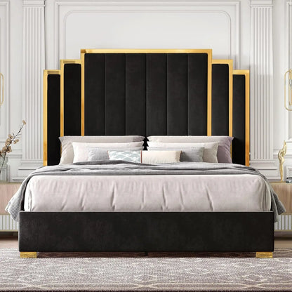 King Upholstered Platform Bedframe with Gold Trim Headboard