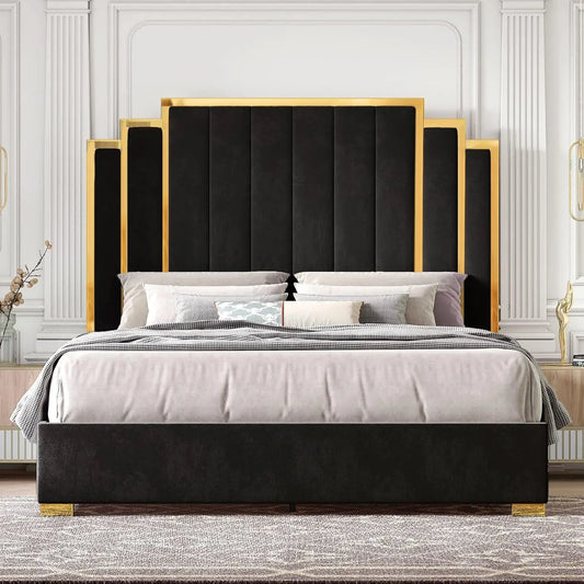 King Upholstered Platform Bedframe with Gold Trim Headboard
