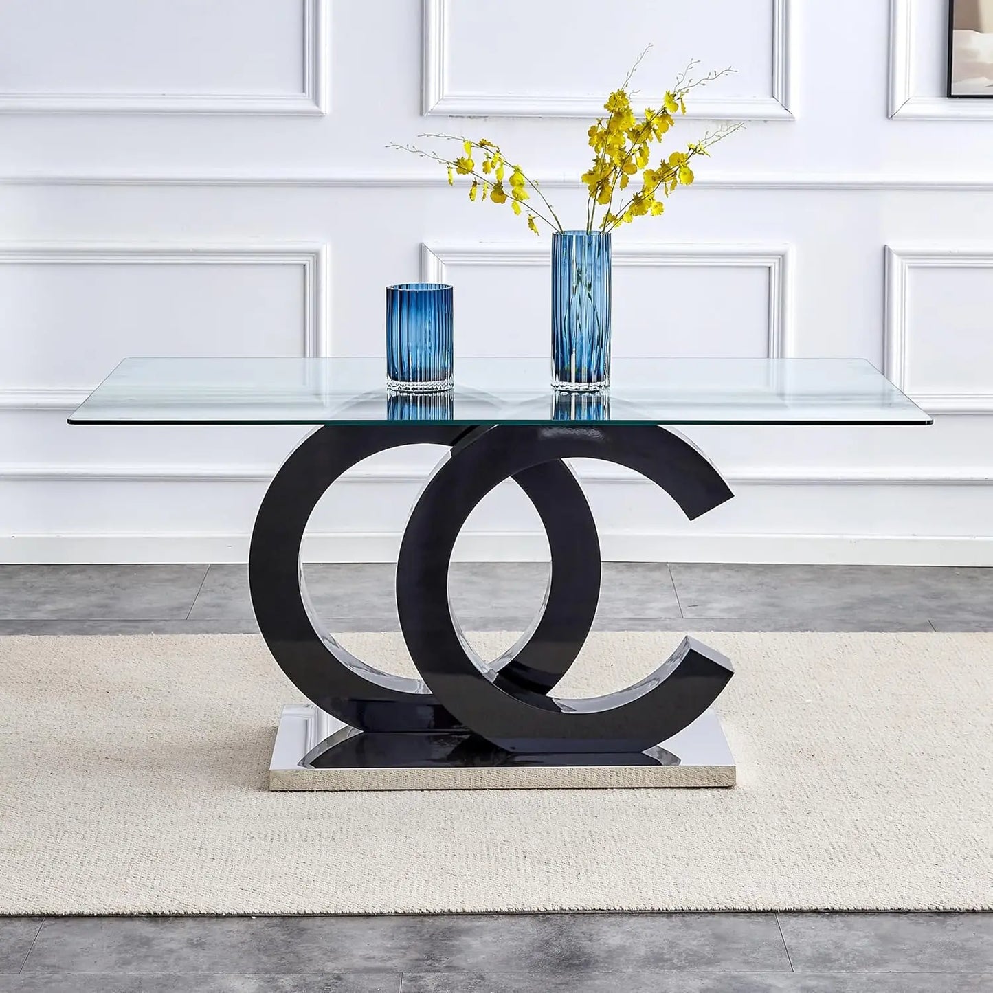 Modern Rectangular Marble Top Dining Table with Black Open-Concept Design Base