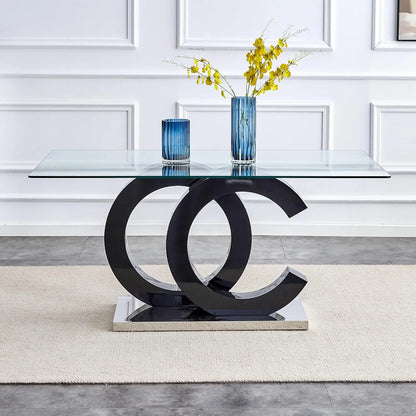 Modern Rectangular Marble Top Dining Table with Black Open-Concept Design Base