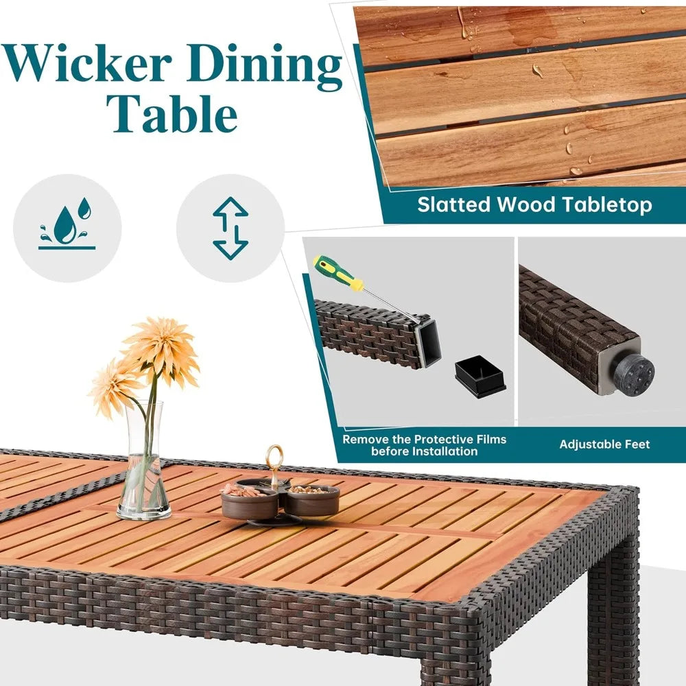 7 Piece Patio Dining Set, Wicker Patio Conversation Set with Wooden Table Top, Outdoor Table and Chairs with Soft Cushions for