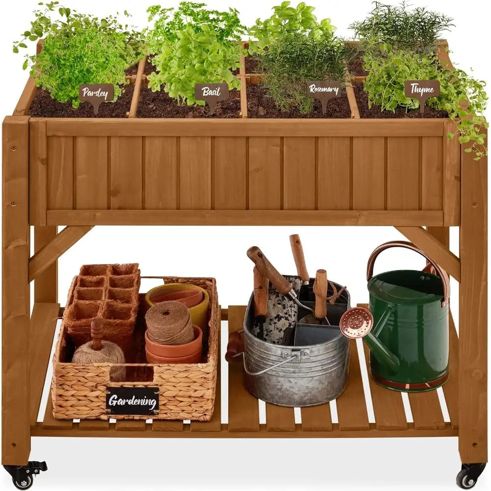 8-Pocket Mobile Herb Garden Bed with Lockable Wheels & Storage Shelf