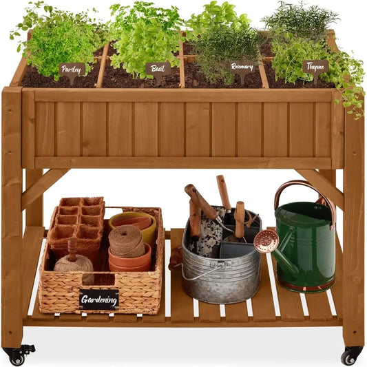 8-Pocket Mobile Herb Garden Bed with Lockable Wheels & Storage Shelf