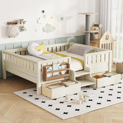 Full Size Kids Montessori Bed Frame with Stairs Bookshelf Drawers