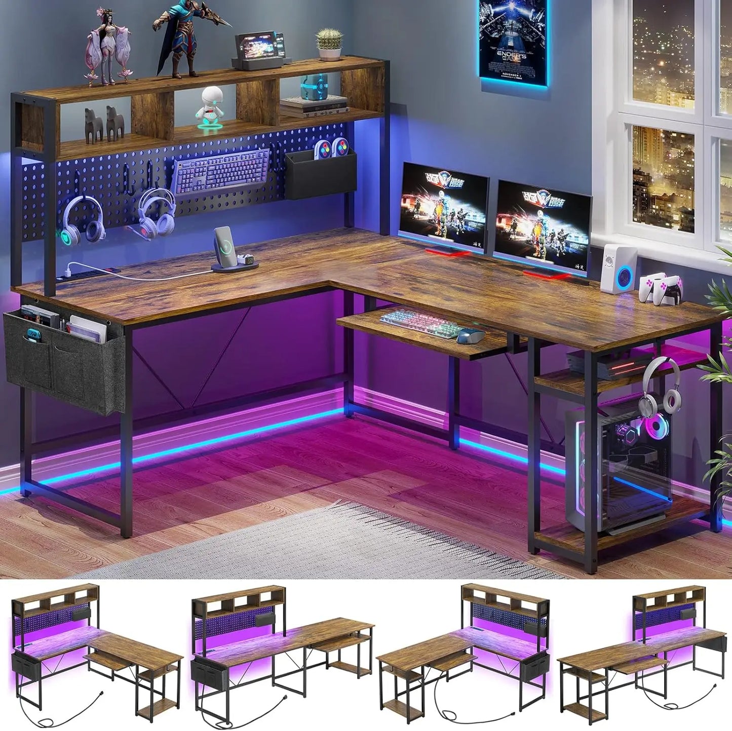 L-Shaped Gaming Desk, Reversible, Pegboard, Led Lights