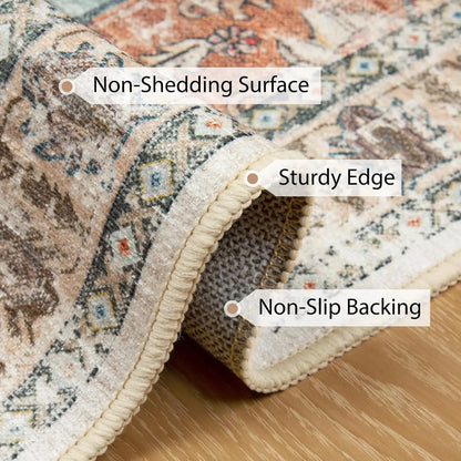 Washable 8x10 Area Rug, Non-Slip Boho Carpet in Green Brick Rust Red