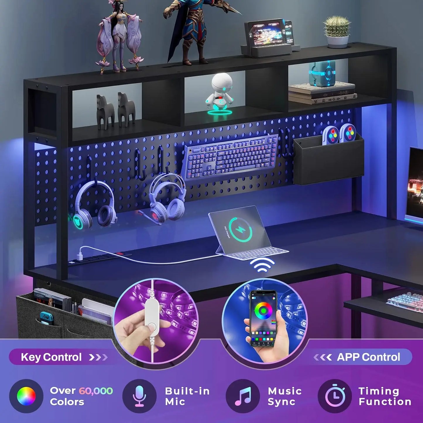 L-Shaped Gaming Desk, Reversible, Pegboard, Led Lights