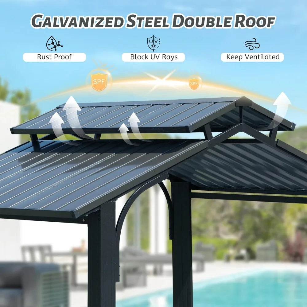 8x5FT Hardtop Grill Gazebo, Outdoor BBQ Shelter with Steel Roof