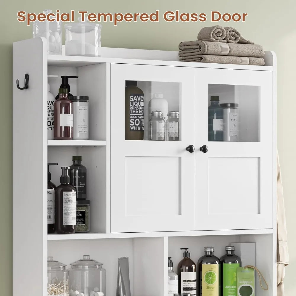 Over Toilet Storage Cabinet with Glass Doors, Bathroom Organizer with Adjustable Shelves