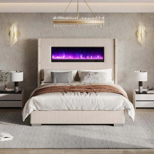 Modern Queen Size Bed Frame with Fireplace