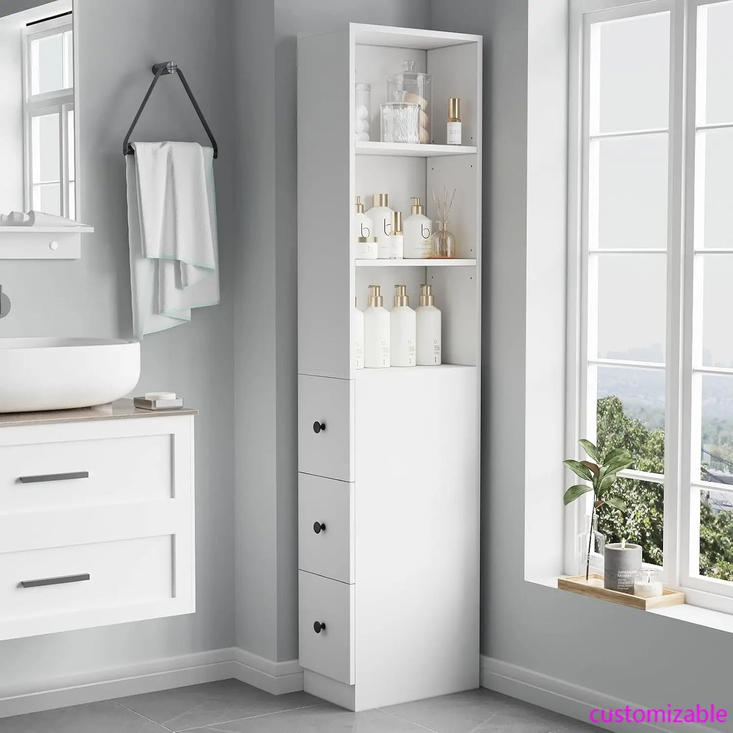 Tall Narrow Bathroom Organizer with 3-Level Adjustable Shelves