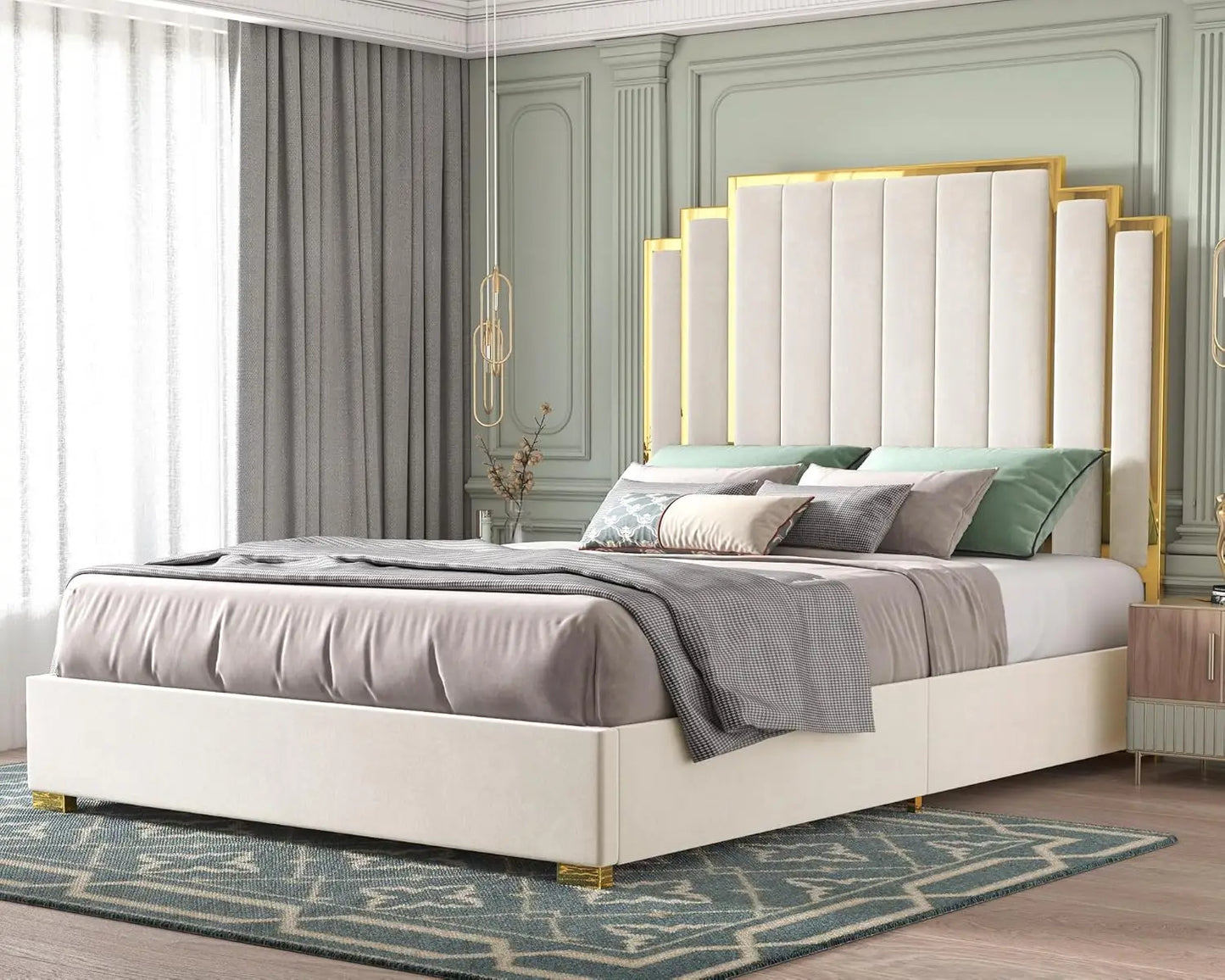 King Upholstered Platform Bedframe with Gold Trim Headboard