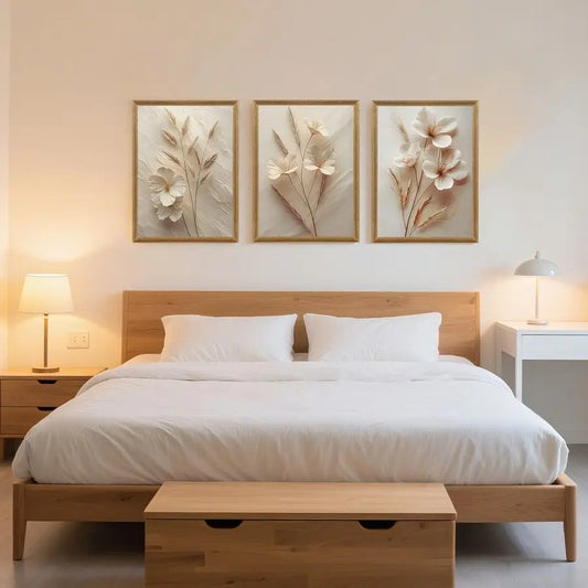 3-Piece Framed Neutral Beige Floral Canvas Wall Art