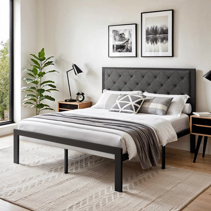 HOOMIC Metal Bed Frame with Upholstered Finely Stitched Headboard