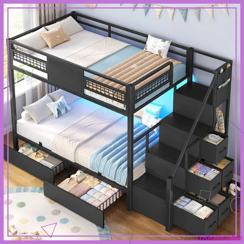 Twin Over Twin Bunk Bed with Stairs, LED Lights, Storage Drawers & Guardrail