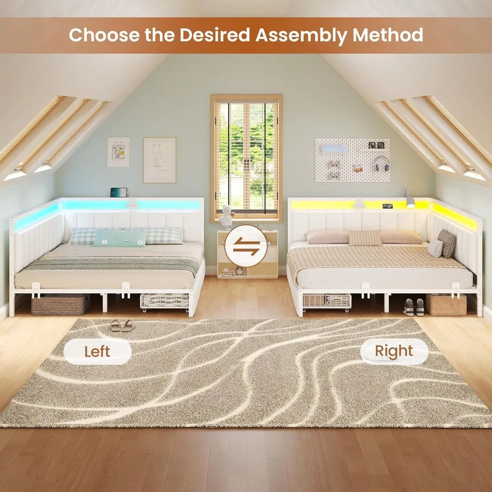 Queen Corner Bed Frame with Storage Drawers, LED Lights & Charging Station