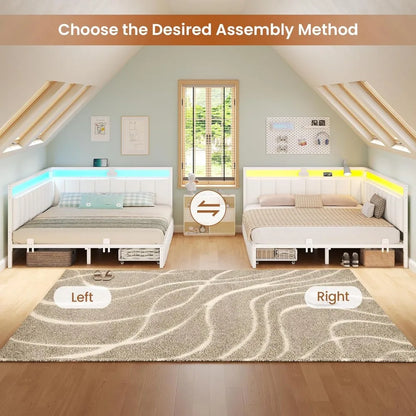 Queen Corner Bed Frame with Storage Drawers, LED Lights & Charging Station