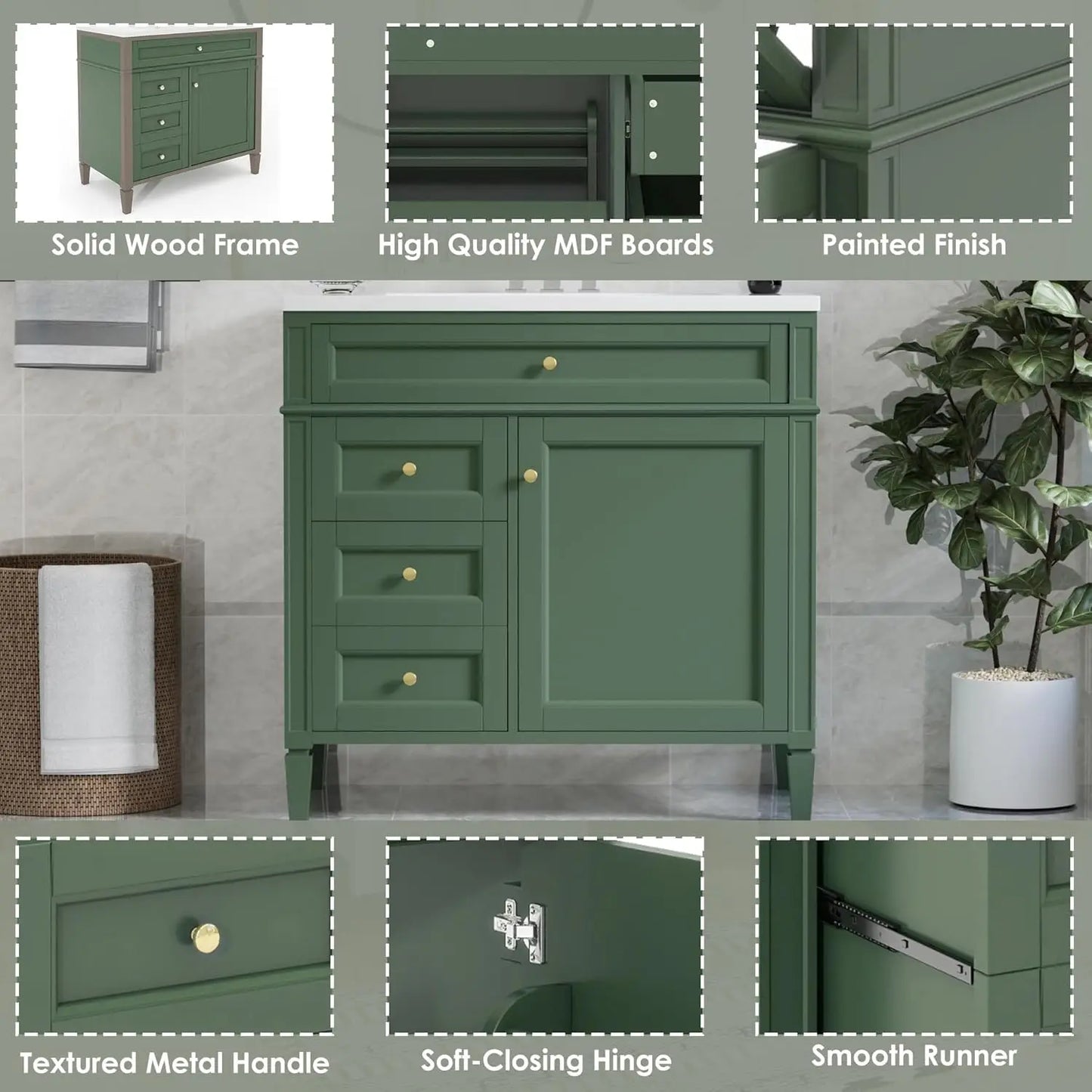 Solid Wood Bathroom Vanity with Soft-Close Doors & Tip-Out Drawer